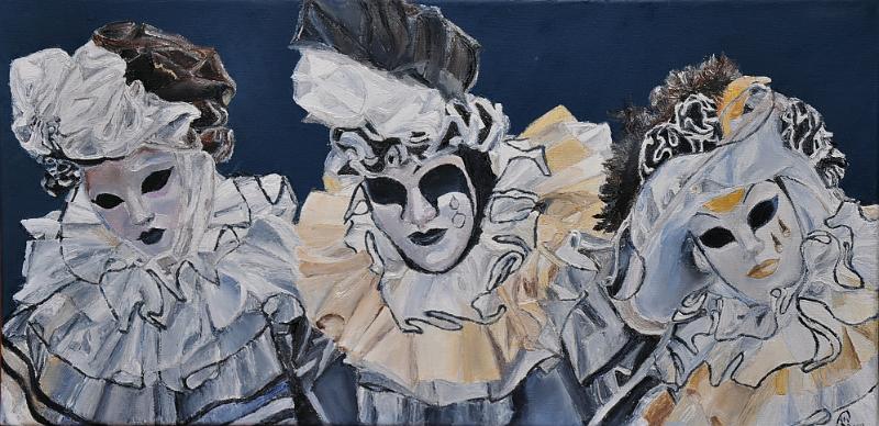 les3masksnoiretblanc.jpg - Painting oil on canvas -Huile sur toile format /size  30x60